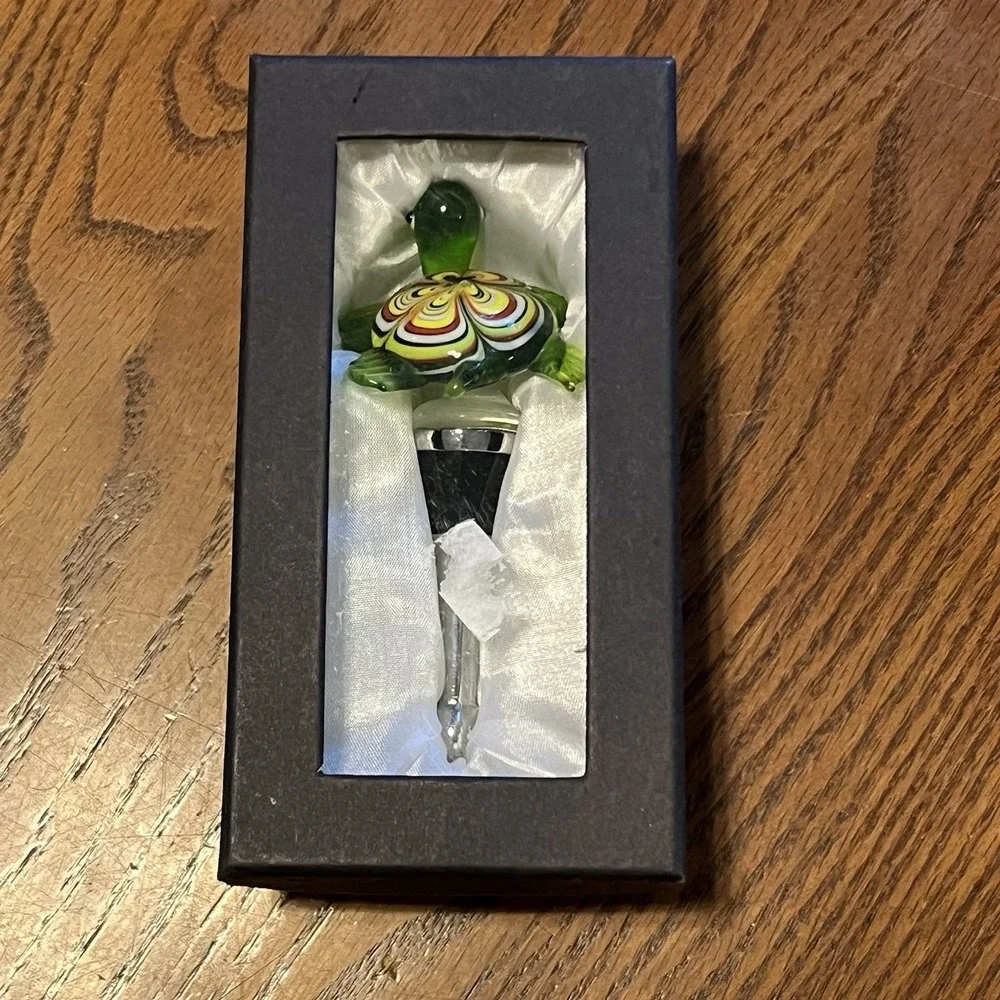 Art Glass Turtle Wine Bottle Stopper Colorful Murano Style Barware Decor Coastal